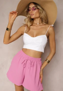 Różowe Szorty o Luźnym Kroju High Waist z Gumką w Talii Vimallora