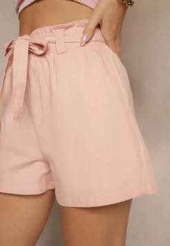 Różowe Szorty z Bawełny High Waist Ozdobione Paskiem Lioziera