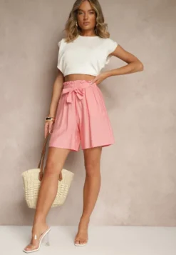 Różowe Szorty z Wiskozy High Waist Ozdobione Paskiem Lumilirae