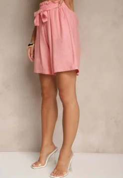 Różowe Szorty z Wiskozy High Waist Ozdobione Paskiem Lumilirae
