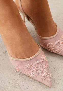 Różowe Szpilki VICES Slingback z Noskami w Szpic Ozdobionymi Haftem i Koralikami Laraidina