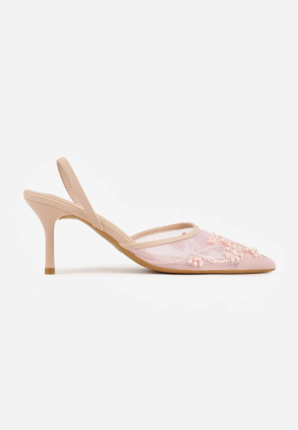 Różowe Szpilki VICES Slingback z Noskami w Szpic Ozdobionymi Haftem i Koralikami Laraidina