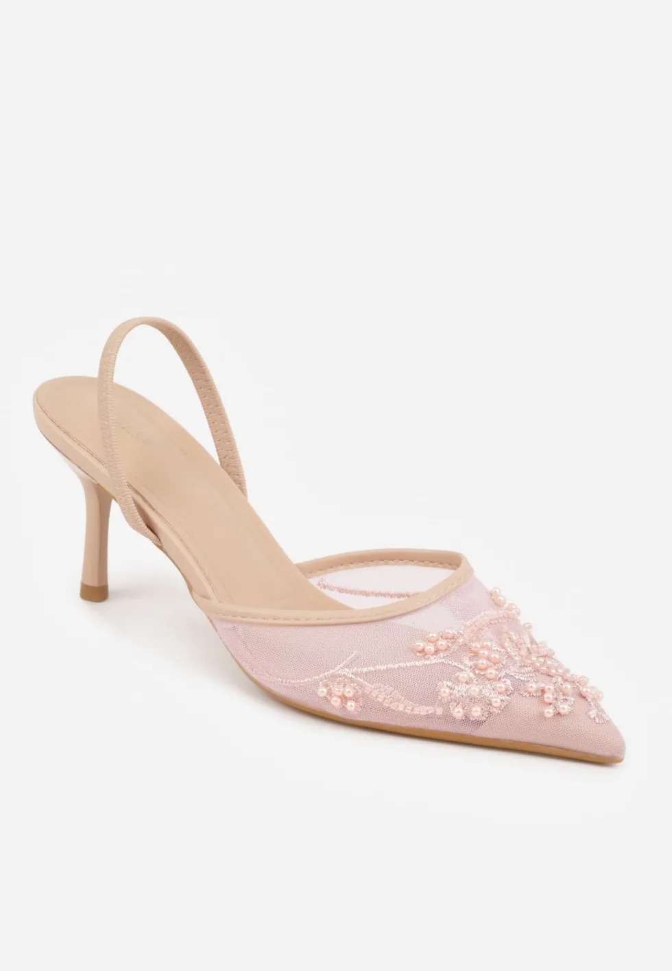 Różowe Szpilki VICES Slingback z Noskami w Szpic Ozdobionymi Haftem i Koralikami Laraidina