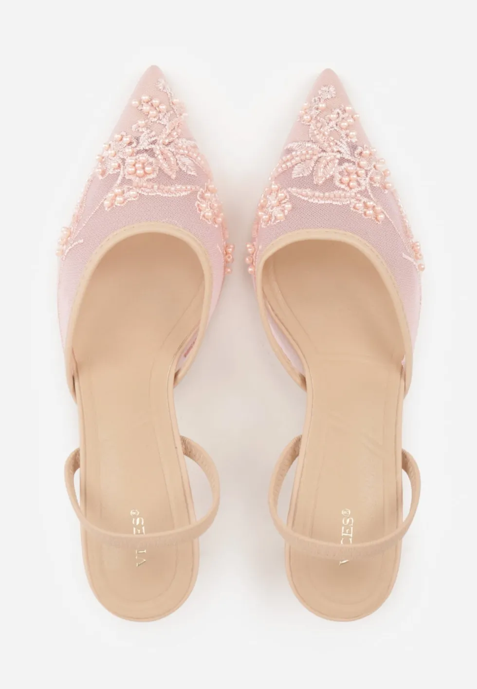 Różowe Szpilki VICES Slingback z Noskami w Szpic Ozdobionymi Haftem i Koralikami Laraidina