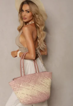 Różowo-Beżowa Duża Torebka z Plecionki w Stylu Boho Zapinana na Zamek Błyskawiczny Noico