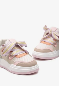 Różowo-Beżowe Sneakersy na Grubej Podeszwie z Ozdobnymi Sznurówkami Zeldema