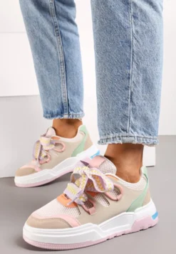 Różowo-Beżowe Sneakersy na Grubej Podeszwie z Ozdobnymi Sznurówkami Zeldema