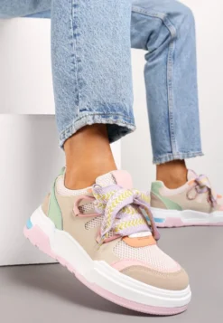 Różowo-Beżowe Sneakersy na Grubej Podeszwie z Ozdobnymi Sznurówkami Zeldema