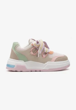 Różowo-Beżowe Sneakersy na Grubej Podeszwie z Ozdobnymi Sznurówkami Zeldema