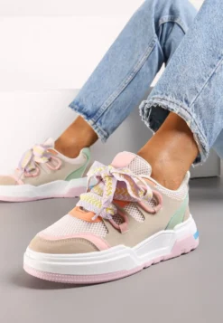 Różowo-Beżowe Sneakersy na Grubej Podeszwie z Ozdobnymi Sznurówkami Zeldema