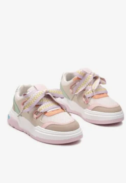 Różowo-Beżowe Sneakersy na Grubej Podeszwie z Ozdobnymi Sznurówkami Zeldema