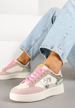 Różowo-Beżowe Sneakersy Ozdobione Metalicznymi Aplikacjami i Brokatem Pilliossa