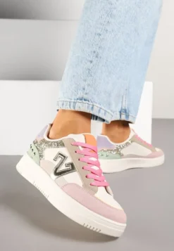 Różowo-Beżowe Sneakersy Ozdobione Metalicznymi Aplikacjami i Brokatem Pilliossa