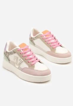 Różowo-Beżowe Sneakersy Ozdobione Metalicznymi Aplikacjami i Brokatem Pilliossa