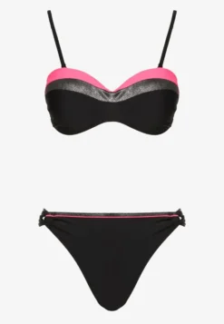 Różowo-Czarne Bikini z Metaliczną Nicią Usztywniany Biustonosz i Figi Mitelle