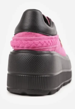 Różowo-Czarne Skórzane Sneakersy na Platformie z Aplikacją i Plecionym Paskiem Kaphophai