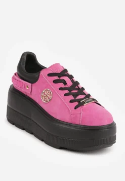 Różowo-Czarne Skórzane Sneakersy na Platformie z Aplikacją i Plecionym Paskiem Kaphophai