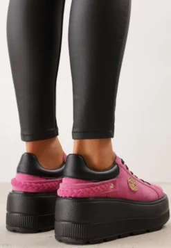 Różowo-Czarne Skórzane Sneakersy na Platformie z Aplikacją i Plecionym Paskiem Kaphophai