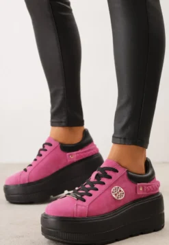 Różowo-Czarne Skórzane Sneakersy na Platformie z Aplikacją i Plecionym Paskiem Kaphophai