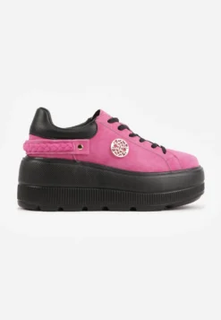 Różowo-Czarne Skórzane Sneakersy na Platformie z Aplikacją i Plecionym Paskiem Kaphophai