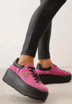 Różowo-Czarne Skórzane Sneakersy na Platformie z Aplikacją i Plecionym Paskiem Kaphophai