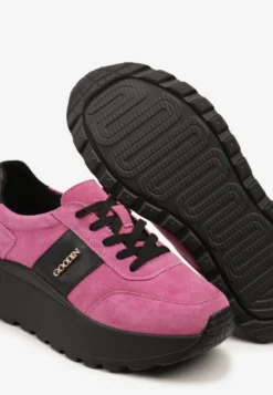 Różowo-Czarne Sneakersy na Platformie z Naturalnego Zamszu z Geometrycznym Wzorem i Napisem Latalissa