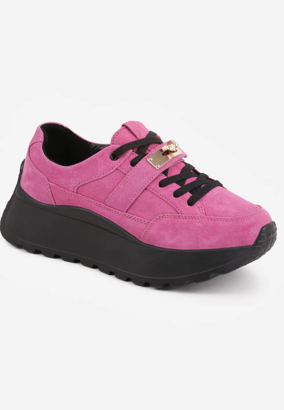 Różowo-Czarne Sneakersy ze Skóry Naturalnej na Platformie Zdobione Metalowym Zapięciem Jeannine