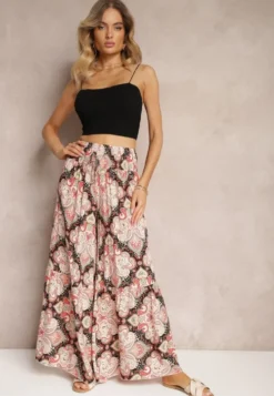 Różowo-Czarne Spodnie z Rozszerzanymi Nogawkami z Wiskozy High Waist z Gumką w Talii Nasie