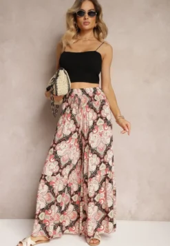 Różowo-Czarne Spodnie z Rozszerzanymi Nogawkami z Wiskozy High Waist z Gumką w Talii Nasie