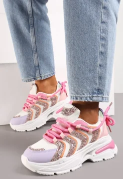 Różowo-fioletowe Sneakersy na Masywnej Podeszwie Odobione Brokatem Thirlas