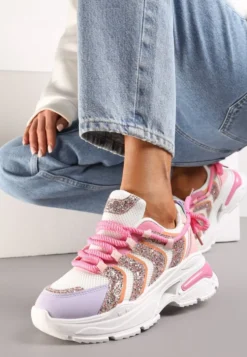Różowo-fioletowe Sneakersy na Masywnej Podeszwie Odobione Brokatem Thirlas