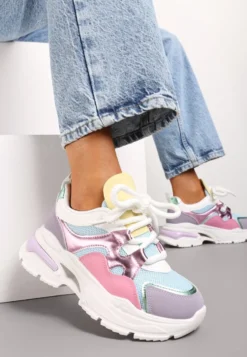 Różowo-Fioletowe Sneakersy na Platformie z Wycięciem i Grubymi Sznurówkami Bosylia