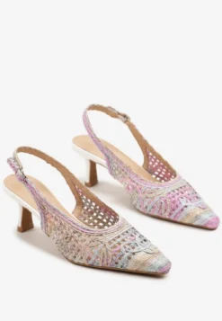 Różowo-Niebieskie Sandały na Szpilce Vices Slingback z Ażurową Cholewką Nilanira