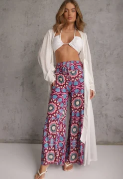 Różowo-Niebieskie Spodnie Typu Palazzo z Wiskozy High Waist z Gumką w Pasie Bistalia