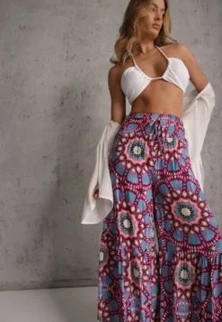 Różowo-Niebieskie Spodnie Typu Palazzo z Wiskozy High Waist z Gumką w Pasie Bistalia