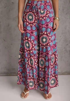 Różowo-Niebieskie Spodnie Typu Palazzo z Wiskozy High Waist z Gumką w Pasie Bistalia