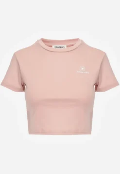 Różowy Basicowy T-shirt w Stylu Cropped z Subtelnym Nadrukiem Loraera