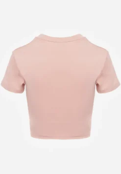 Różowy Basicowy T-shirt w Stylu Cropped z Subtelnym Nadrukiem Loraera