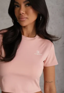 Różowy Basicowy T-shirt w Stylu Cropped z Subtelnym Nadrukiem Loraera