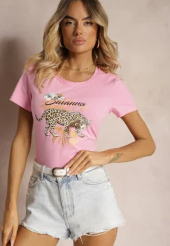 Różowy Bawełniany T-shirt ze Zwierzęcym Nadrukiem Zeliflea