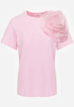Różowy Bawełniany T-shirt z Krótkim Rękawem i Ozdobnym Kwiatem Krissas