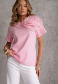 Różowy Bawełniany T-shirt z Krótkim Rękawem i Ozdobnym Kwiatem Krissas