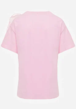 Różowy Bawełniany T-shirt z Krótkim Rękawem i Ozdobnym Kwiatem Krissas