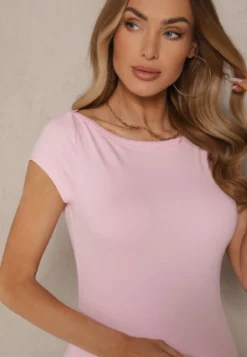 Różowy Dopasowany T-shirt z Bawełny z Dekoltem o Kształcie Łódki Gallenia