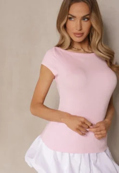 Różowy Dopasowany T-shirt z Bawełny z Dekoltem o Kształcie Łódki Gallenia