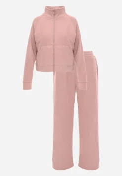 Różowy Komplet Dresowy Spodnie Wide Leg i Bluza na Suwak ze Stójką Milia