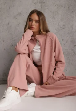 Różowy Komplet Dresowy Spodnie Wide Leg i Bluza na Suwak ze Stójką Milia