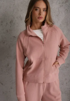 Różowy Komplet Dresowy Spodnie Wide Leg i Bluza na Suwak ze Stójką Milia