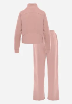 Różowy Komplet Dresowy Spodnie Wide Leg i Bluza na Suwak ze Stójką Milia