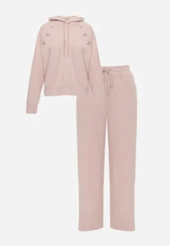 Różowy Komplet Dresowy Spodnie Wide Leg i Bluza z Kapturem i Aplikacjami Nailena